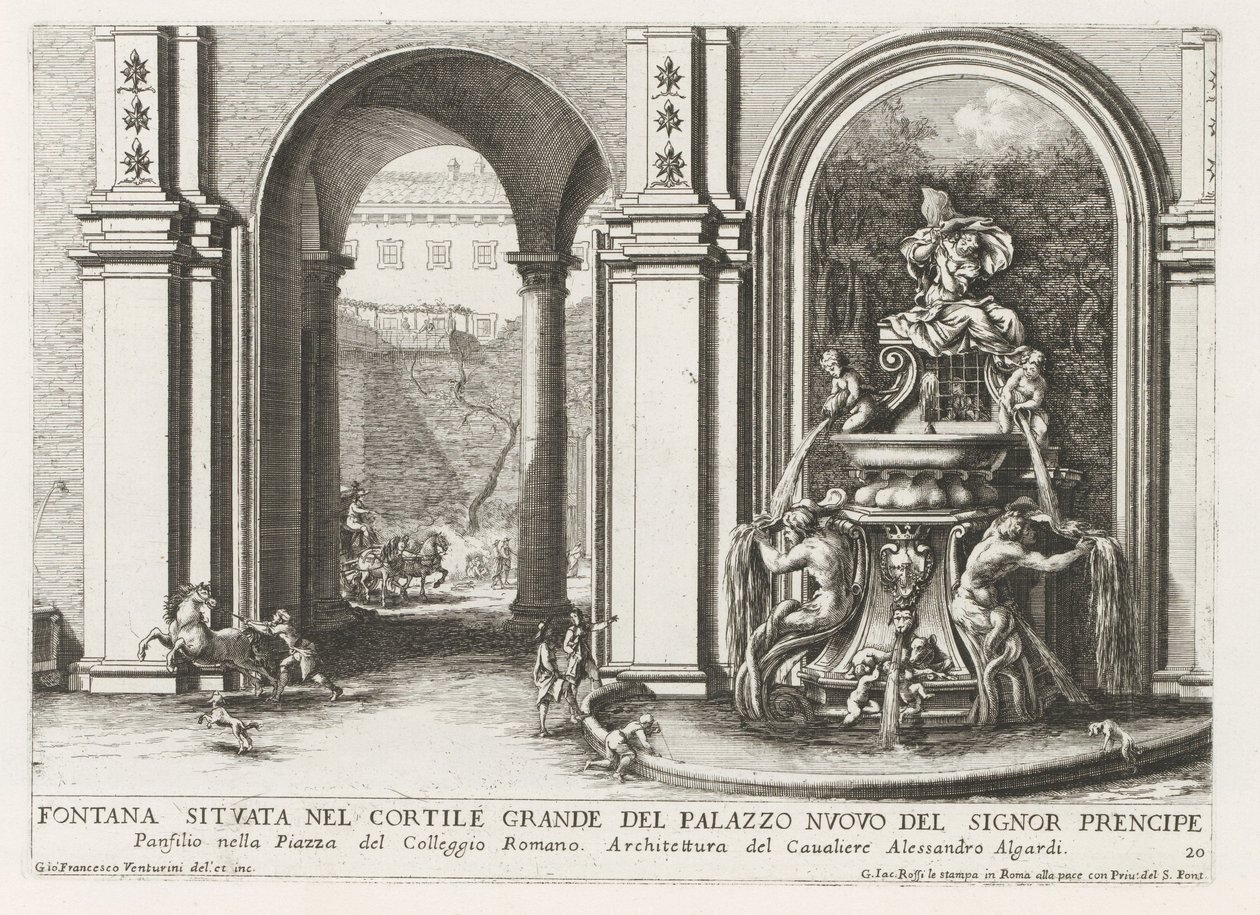 Fontein in een binnenplaats van het Palazzo Doria Pamphilj te Rome Fontanna znajdująca się na dużym dziedzińcu Palazzo Nuovo del Signor prencipe (...) (tytuł na obiekcie) Fontanny w pałacach i ogrodach Rzymu (tytuł serii) Fonteinen in de paleizen en tu autorstwa Giovanni Francesco Venturini