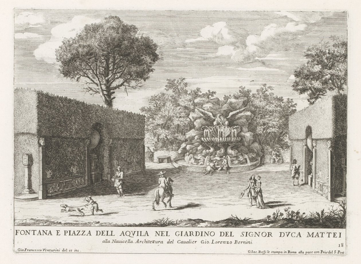 Fontein spotkał adelaar in de tuinen van de Villa Celimontana te Rome Fontanna i piazza del aquila w ogrodzie pana księcia Mattei (...) (tytuł na obiekcie) Fontanny w pałacach i ogrodach Rzymu (tytuł serii) Fonteinen in de paleizen en tuinen van R autorstwa Giovanni Francesco Venturini