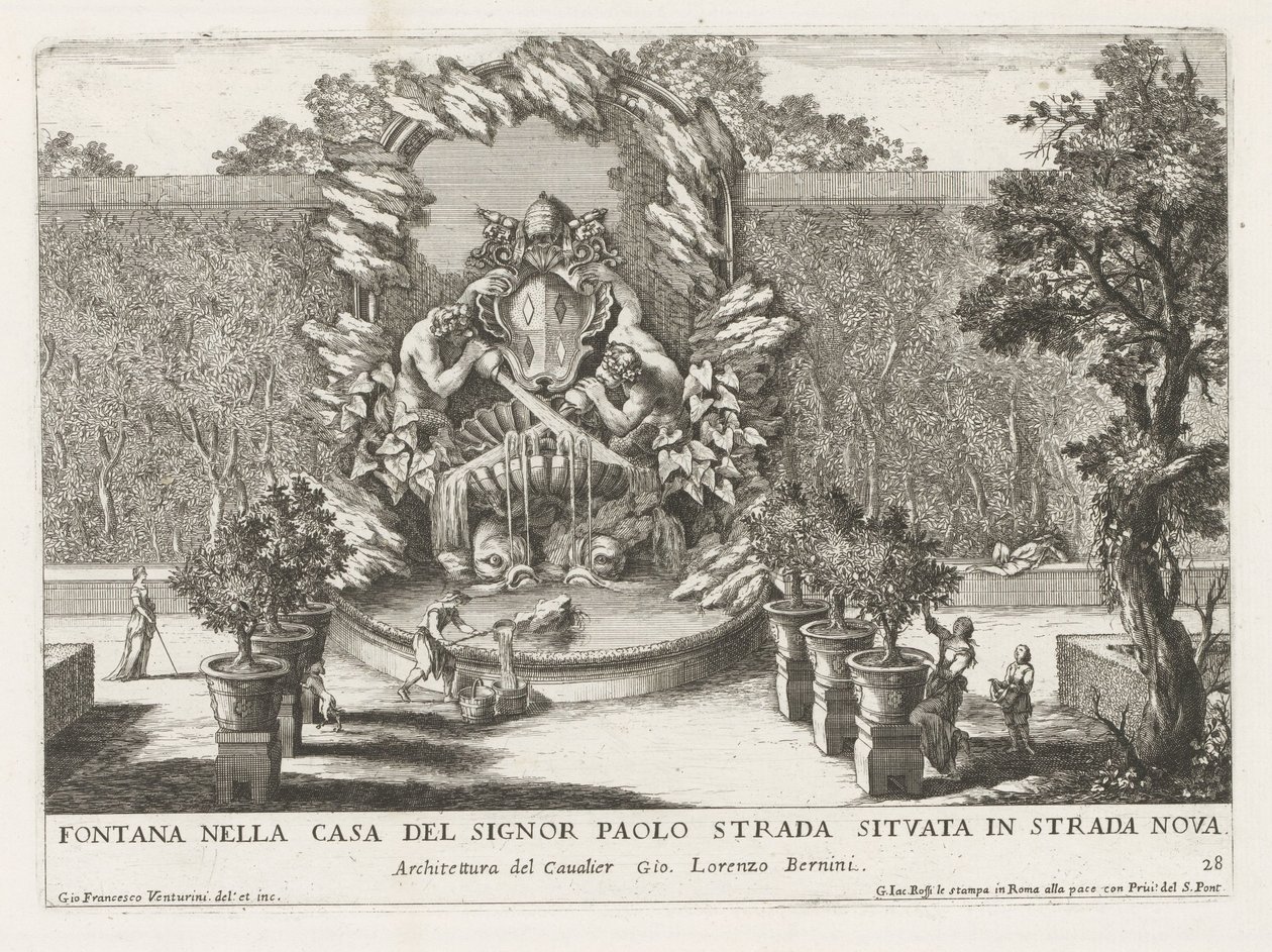 Fontanna z herbem papieskim, dwoma trytonami i delfinami Fontana nella casa del signor Paolo strada situata in strada nova (tytuł na obiekcie) Le fontane ne palazzi e ne giardini di Roma (tytuł serii) Fontanny w pałacach i ogrodach Rzymu ( autorstwa Giovanni Francesco Venturini