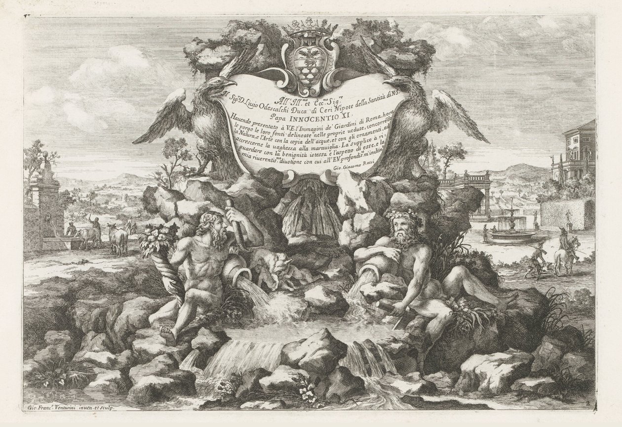 Fontanna z dedykacją i herbem Livio Odescalchi Le fontane ne palazzi e ne giardini di Roma (tytuł serii) Fontanny w pałacach i ogrodach Rzymu (tytuł serii) autorstwa Giovanni Francesco Venturini
