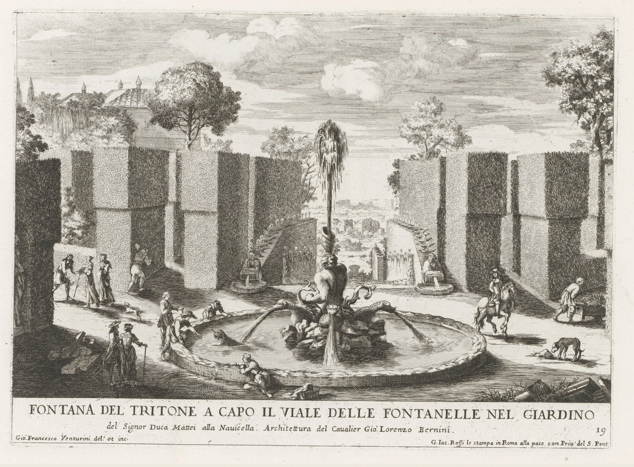 Fontein spotkał Tritona w de tuinen van de Villa Celimontana te Rome Fontanna Trytona na czele alei fontann w ogrodzie (...) (tytuł na obiekcie) Fontanny w pałacach i ogrodach Rzymu (tytuł serii) Fonteinen in de paleizen en tuinen van autorstwa Giovanni Francesco Venturini