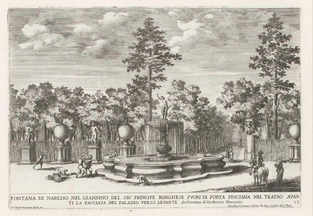 Fontein van Narcissus in de Villa Borghese w Rzymie Fontanna Narcyza w ogrodzie Pana Księcia Borghese (...) (tytuł na obiekcie) Fontanny w pałacach i ogrodach Rzymu (tytuł serii) Fonteinen in de paleizen en tuinen van Rome (tytuł serii) autorstwa Giovanni Francesco Venturini