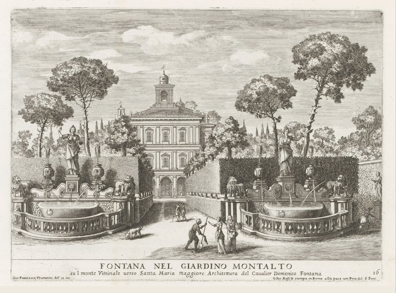 Fonteinen in de tuinen van de Villa Montalto Negroni te Rome Fontanna w ogrodzie Montalto (...) (tytuł na obiekcie) Fontanny w pałacach i ogrodach Rzymu (tytuł serii) Fonteinen in de paleizen en tuinen van Rome (tytuł serii) autorstwa Giovanni Francesco Venturini