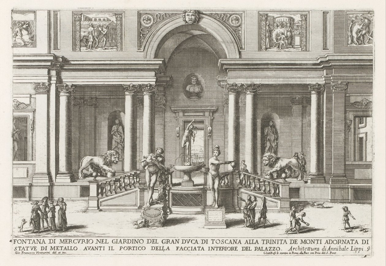 Loggia en tuin van de Villa Medici te Rome Fontanna Merkurego w ogrodzie Wielkiego Księcia Toskanii w Trinita de Monti (...) (tytuł na obiekcie) Fontanny w pałacach i ogrodach Rzymu (tytuł serii) Fonteinen in de paleizen en tuinen van Rome (se autorstwa Giovanni Francesco Venturini