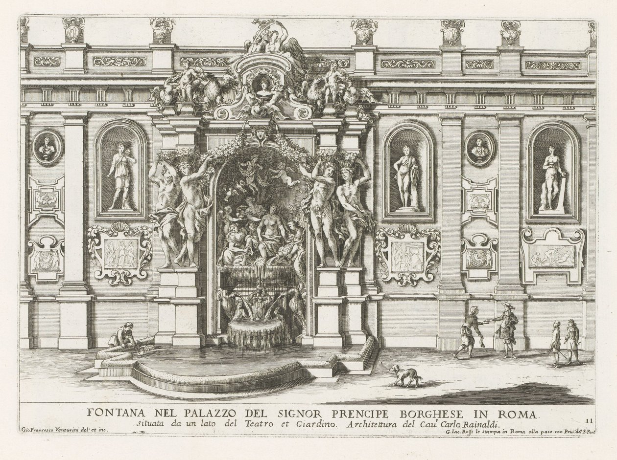 Nymphaeum in de binnenplaats van het Palazzo Borghese te Rome Fontanna w pałacu signor prencipe Borghese w Rzymie (...) (tytuł na obiekcie) Fontanny w pałacach i ogrodach Rzymu (tytuł serii) Fonteinen in de paleizen en tuinen van Rome (seria autorstwa Giovanni Francesco Venturini
