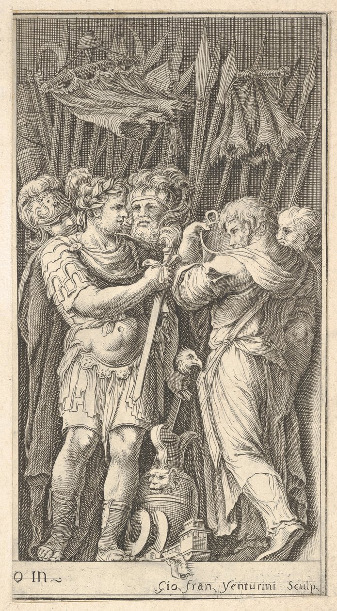 Żołnierze, jeden pokazany frontalnie i trzymający miecz, po prawej żołnierz ze swoją ba..., ok. godz. 1650-1700. autorstwa Giovanni Francesco Venturini