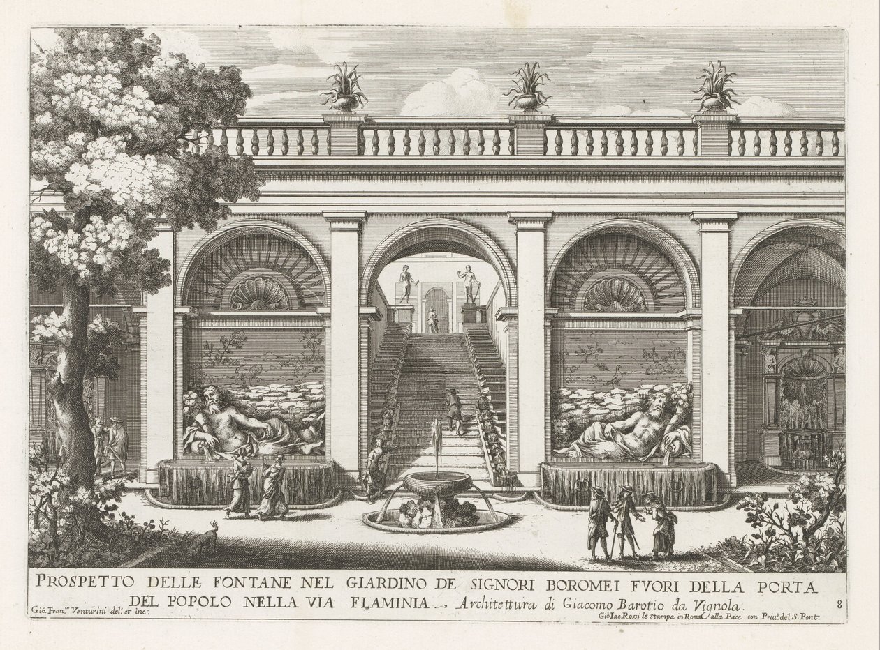 Tuin van een paleis te Rome Prospekt fontann w ogrodzie panów Boromei (...) (tytuł na obiekcie) Fontanny w pałacach i ogrodach Rzymu (tytuł serii) Fonteinen in de paleizen en tuinen van Rome (tytuł serii) autorstwa Giovanni Francesco Venturini