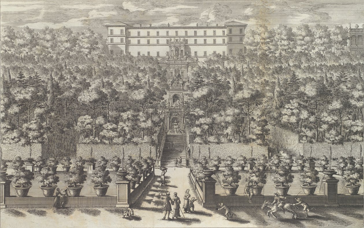Widok na Pałac z Piętra Ogrodu z fontannami ..., 1691 lub później. autorstwa Giovanni Francesco Venturini