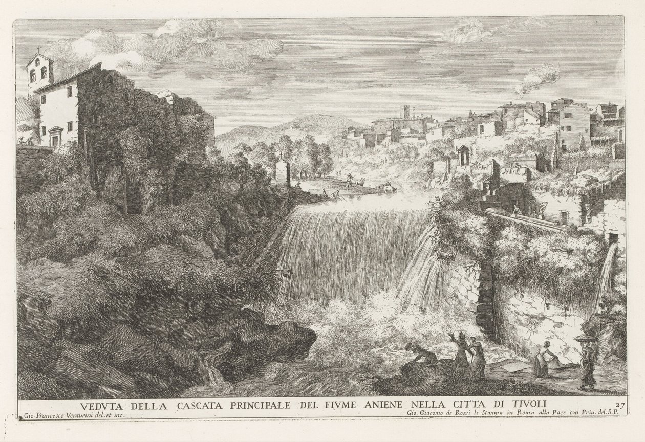 Waterval in de rivier de Aniene w Tivoli Widok na główny wodospad rzeki Aniene w mieście Tivoli (tytuł na obiekcie) Fontanny ogrodu Estense w Tivoli (tytuł serii) Fonteinen in de tuinen van Villa d