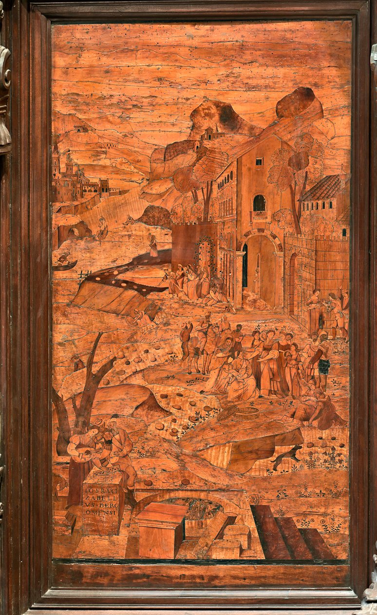 Genua, Duomo (katedra św. Wawrzyńca), wnętrze, absyda, chór, strona północna: „Mojżesz uratowany z wód”, intarsja drewniana Giovanniego Francesco Zambelli (XVI w.) autorstwa Giovanni Francesco Zambelli