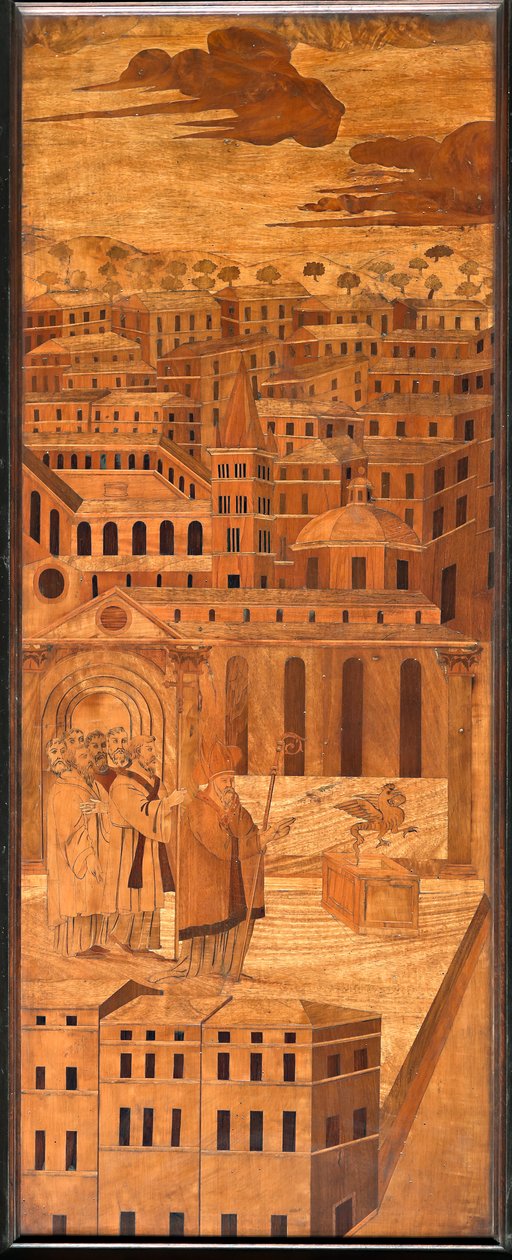 Genua, Duomo (katedra św. Wawrzyńca), wnętrze, absyda, chór, strona północna: „Św. Syrus odpędza bazyliszka”, intarsje drewniane Anselmo De 