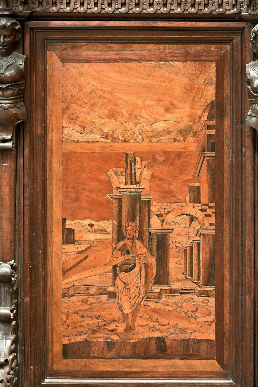 Genua, Duomo (katedra św. Wawrzyńca), wnętrze, absyda, chór, strona północna: "Chrzciciel na pustyni", intarsja drewniana Giovanniego Francesco Zambelli (XVI w.) autorstwa Giovanni Francesco Zambelli