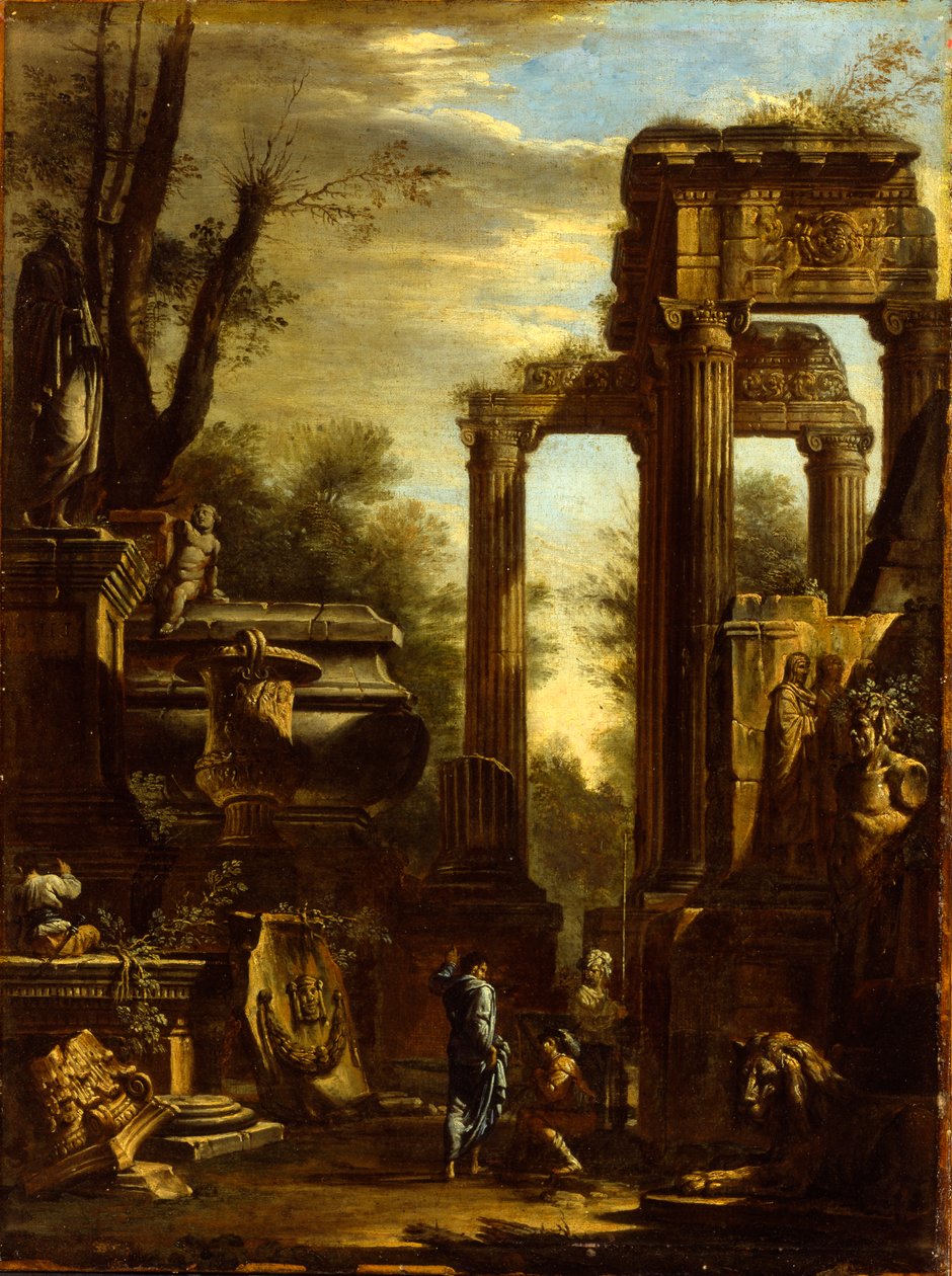 Capriccio klasycznych ruin i posągi z rozmawiającymi postaciami autorstwa Giovanni Ghisolfi
