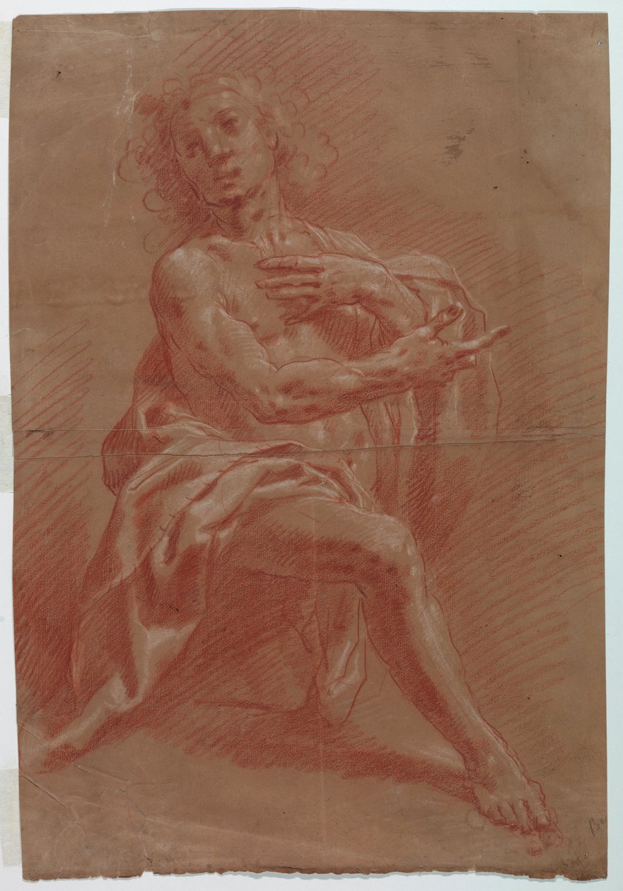 Rysunek przedstawiający klęczącego mężczyznę na obrazie Adoracja pasterzy, 1601-1650 autorstwa Giovanni Giacomo Barbelli