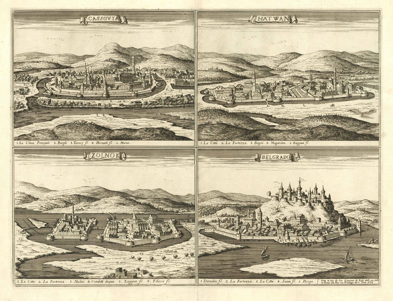Zamki w Koszycach, Hatvan, Szolnok i Belgradzie (Giovanni Giacomo De Rossi, 1683) autorstwa Giovanni Giacomo De Rossi