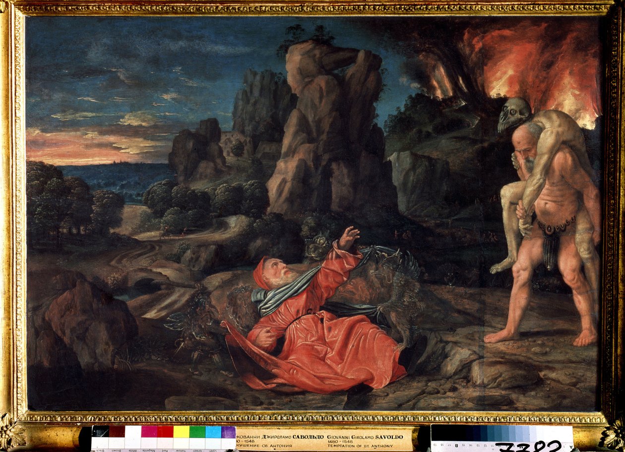 Kuszenie św. Antoniego. Obraz Giovanniego Girolamo Savoldo (1480 lub 1485-1548). Olej na desce, 58 x 86 cm, ok. 1530. Muzeum Sztuk Pięknych im. Puszkina, Moskwa. autorstwa Giovanni Girolamo Savoldo