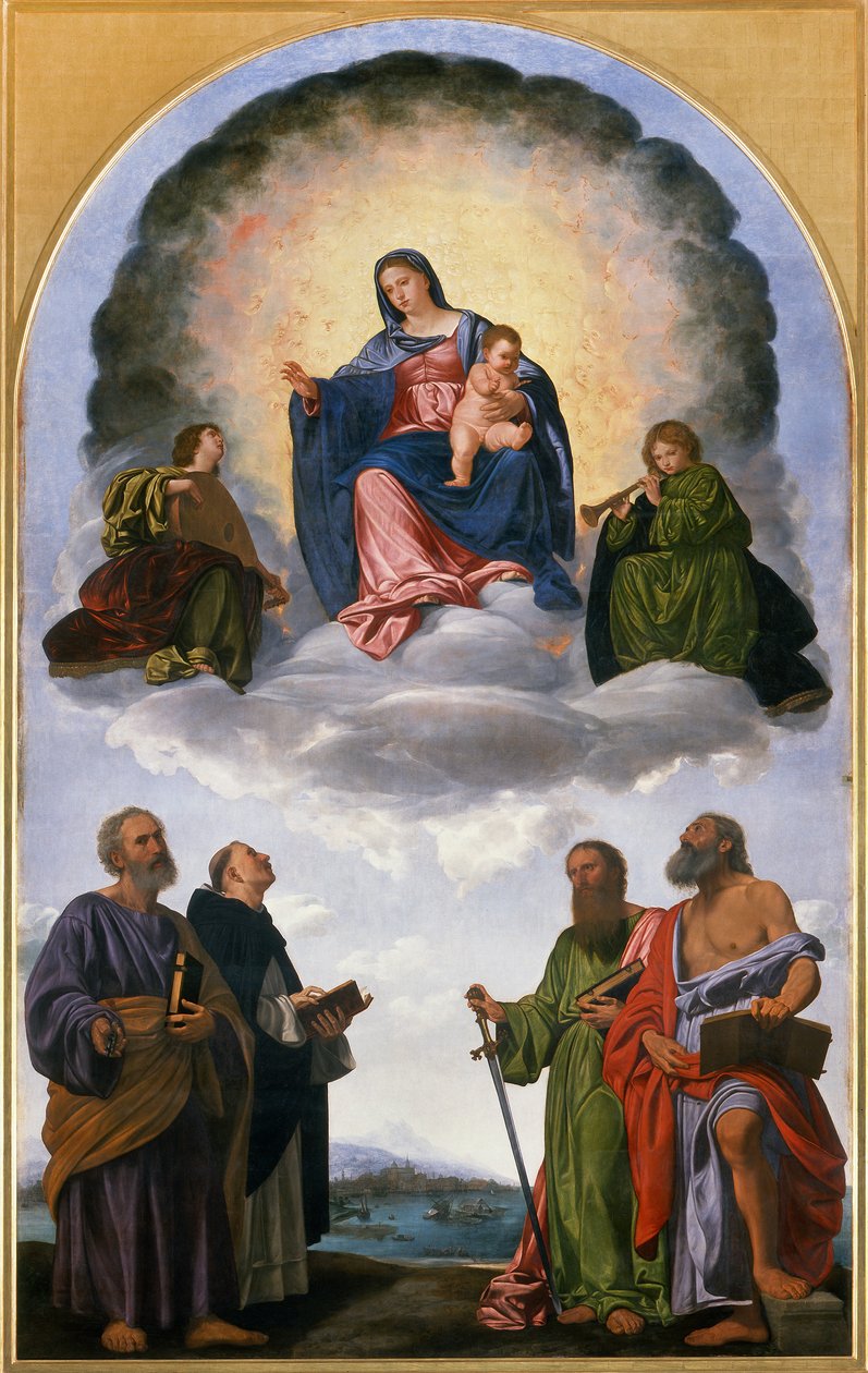Chwalebna Madonna z Dzieciątkiem Jezus, Dwóch Aniołów Muzyków, Św. Piotr, Św. Dominik, Św. Paweł i Św. Hieronima (Ołtarz Pesaro) autorstwa Giovanni Girolamo Savoldo