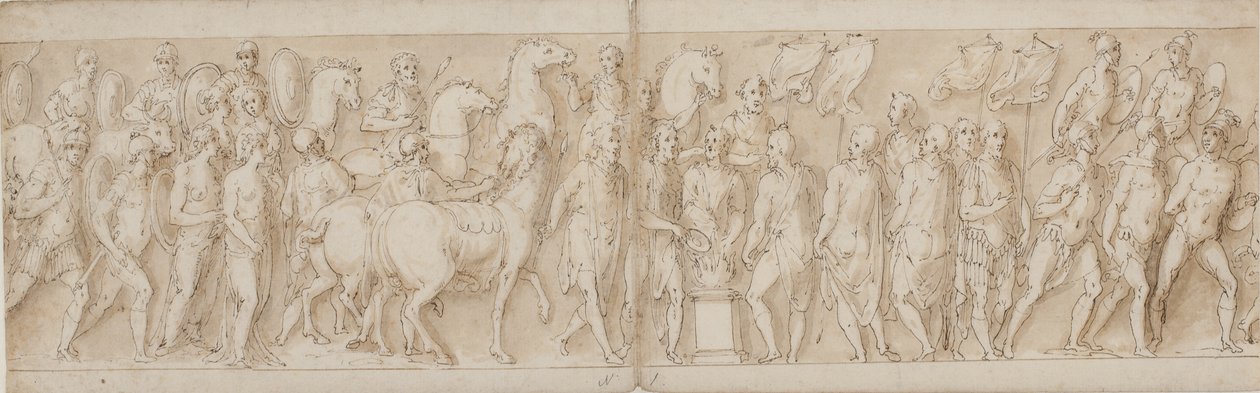 Pojmane kobiety są zabierane (koniec LXXIII); parada ratowników (LXXIV); Marcus Aurelius składa ofiary na ołtarzu (LXXV); Marek Aureliusz ogląda atak (początek LXXVI) autorstwa Giovanni Guerra