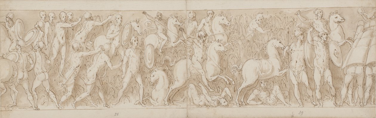 Koniec odrestaurowanej części kolumny (XLVII); Sarmaci są ścigani na bagna (XLVIII); Rzymianie atakują niemiecką (?) fortecę (początek LIV) autorstwa Giovanni Guerra
