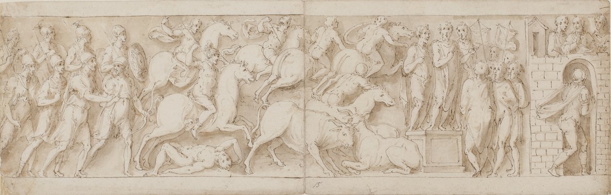 łucznicy rzymscy (?), szturm rzymscy (XCIX); Marek Aureliusz zwracający się do swoich strażników (C); Marek Aureliusz otrzymuje ostrzeżenie (CI) autorstwa Giovanni Guerra