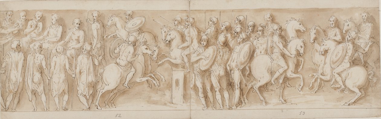 Sarmaci przed soborem cesarskim (koniec LXII, początek LXIII); otoczony przez strażników Marek Aureliusz i Pompejusz na koniach oglądają potyczkę (XC); Szlachta niemiecka niosąca wiadomość (do połowy XCI) autorstwa Giovanni Guerra