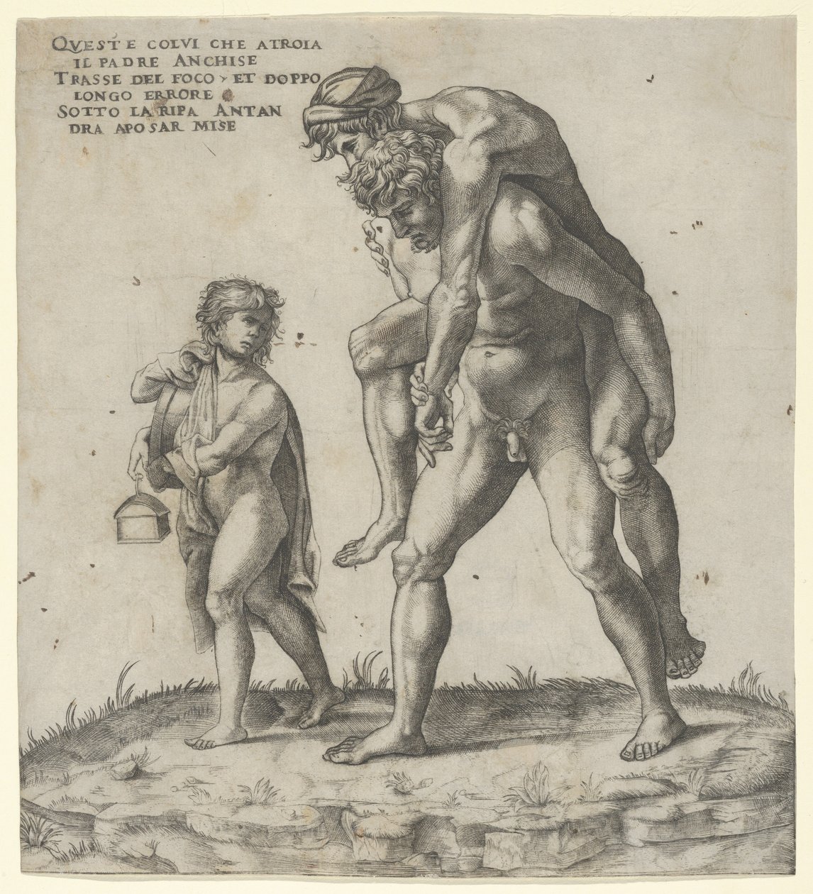 Eneasz ratujący Anchisesa, młodego chłopca niosącego po lewej stronie latarnię, ok. godz. 1525 r., ok. 1525 r. 1525. autorstwa Giovanni Jacopo Caraglio