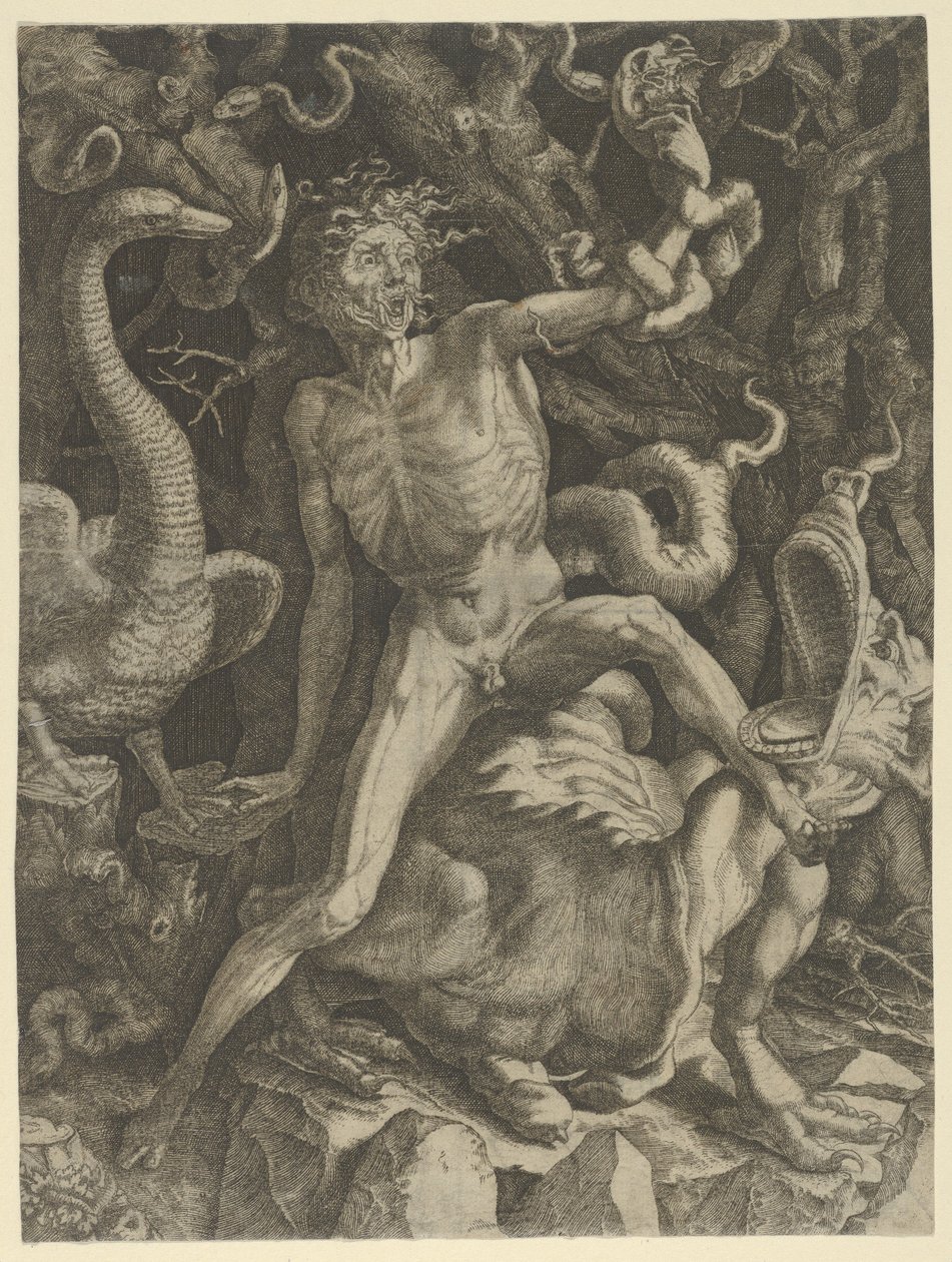 Furia uosobiona jako starzec dosiadający potwora, trzymający w lewej ręce czaszkę, ok. 1520-39. autorstwa Giovanni Jacopo Caraglio