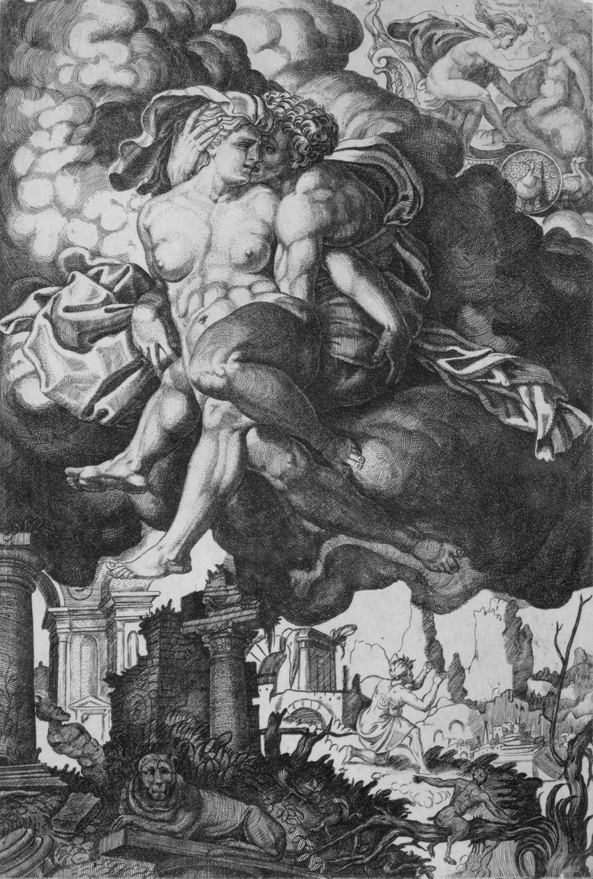 Ixion próbuje uwieść Juno, otoczona chmurami, a poniżej ruiny, ok. godz. 1520-39. autorstwa Giovanni Jacopo Caraglio