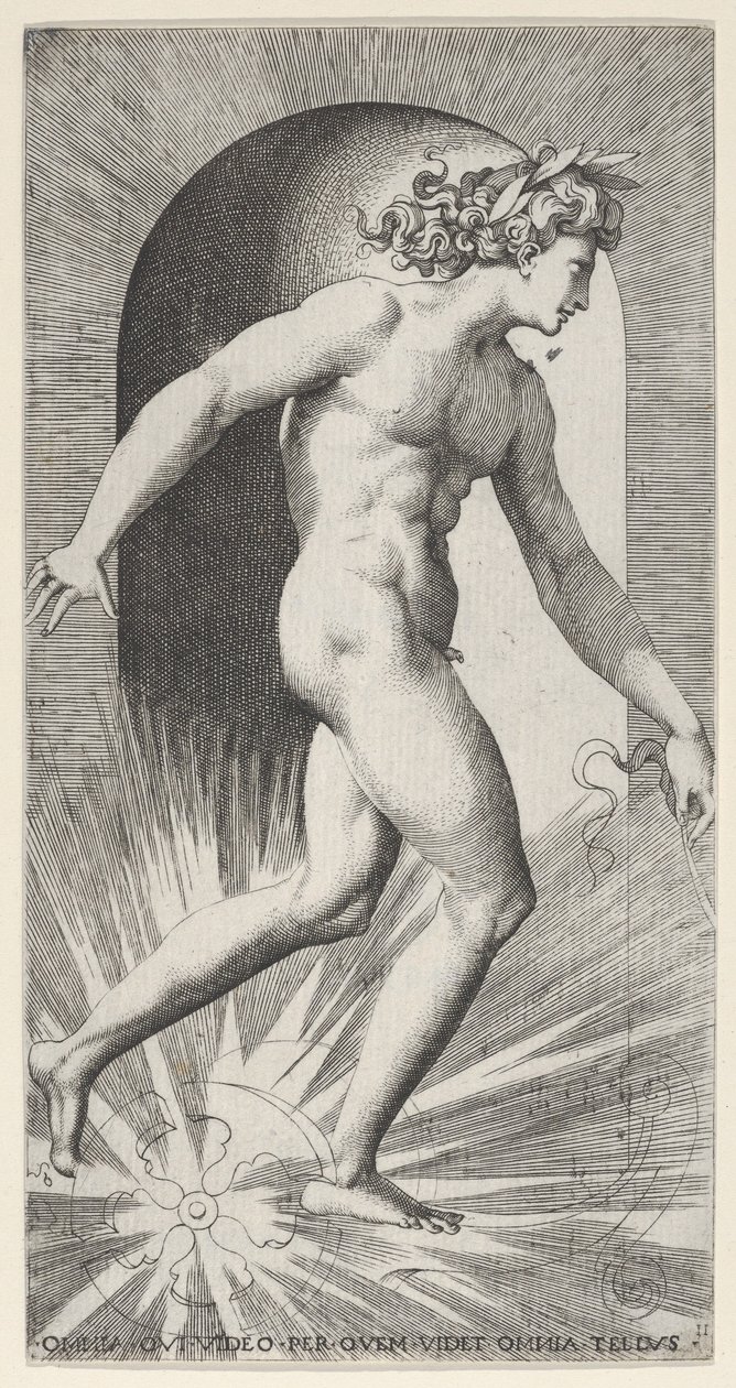 Ilustracja 11: Apollo jadący na swoim rydwanie w niszy, zwrócony w prawo, z serii mitologicznych..., 1526. autorstwa Giovanni Jacopo Caraglio