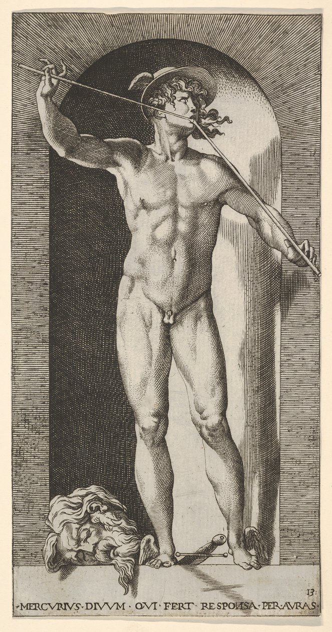 Tablica 14: Merkury stojący w niszy grający na swoich piszczałach, z odciętą głową starego m..., 1526. autorstwa Giovanni Jacopo Caraglio