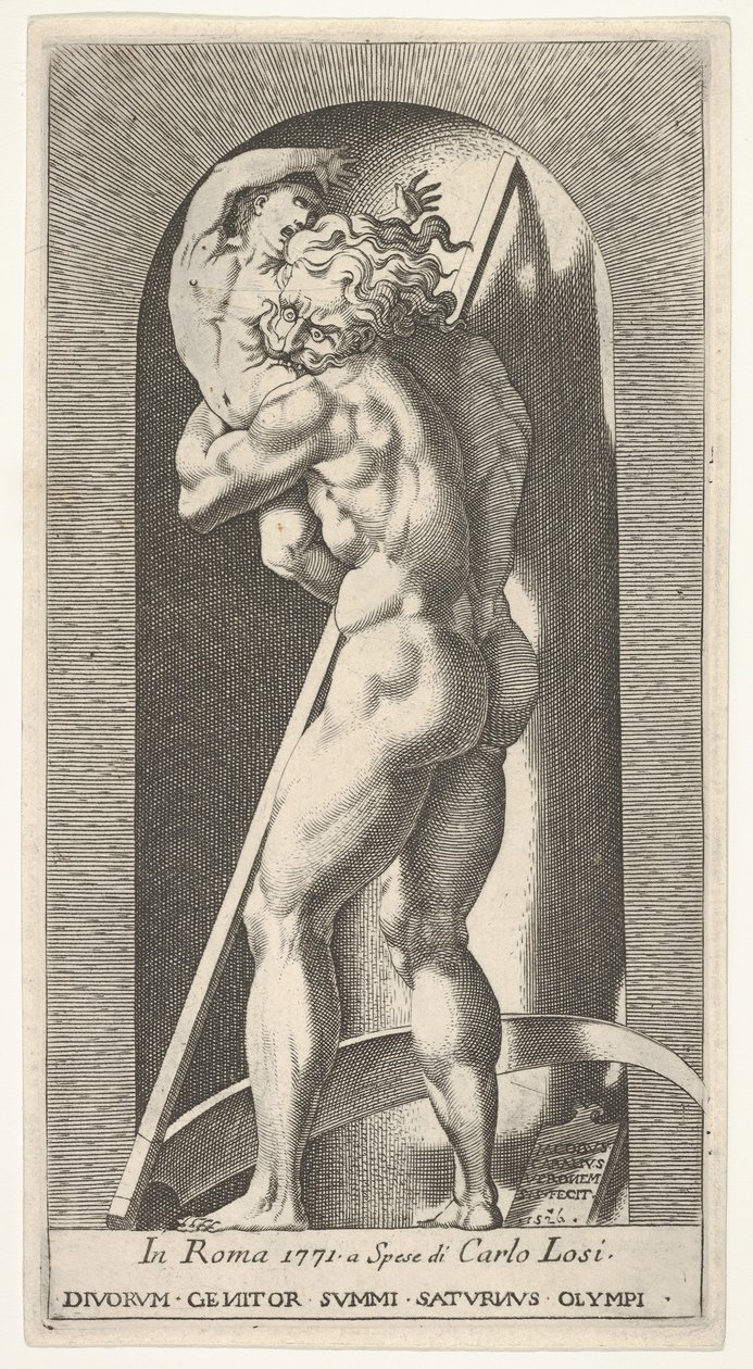 Ilustracja 1: Saturn w niszy pożerający syna, stojący przed kosą, z serii m..., 1526. autorstwa Giovanni Jacopo Caraglio