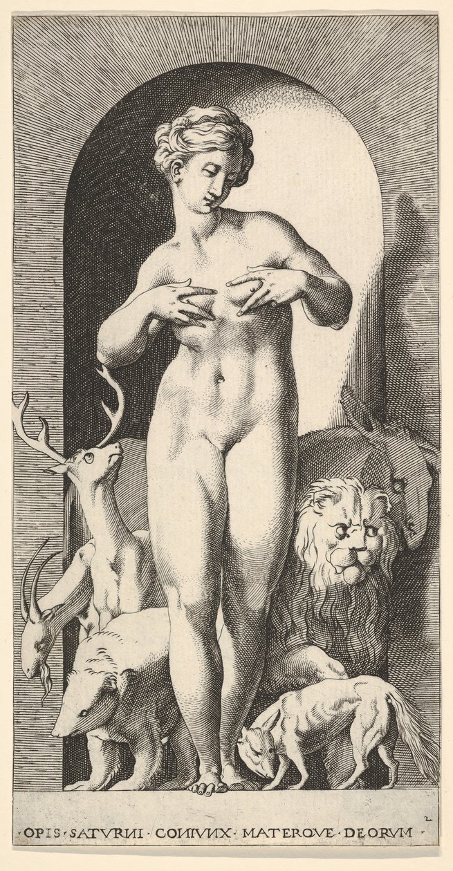 Obrazek 2: Ops stoi w niszy z rękami na piersiach, patrząc w lewo, z ..., 1526. autorstwa Giovanni Jacopo Caraglio