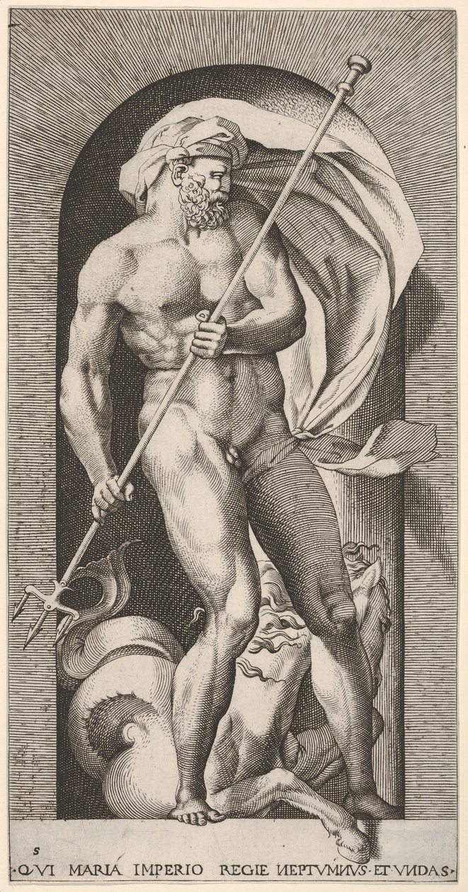 Ilustracja 5: Neptun stojący w niszy trzymający trójząb, z koniem morskim hipokampu beh..., 1526. autorstwa Giovanni Jacopo Caraglio