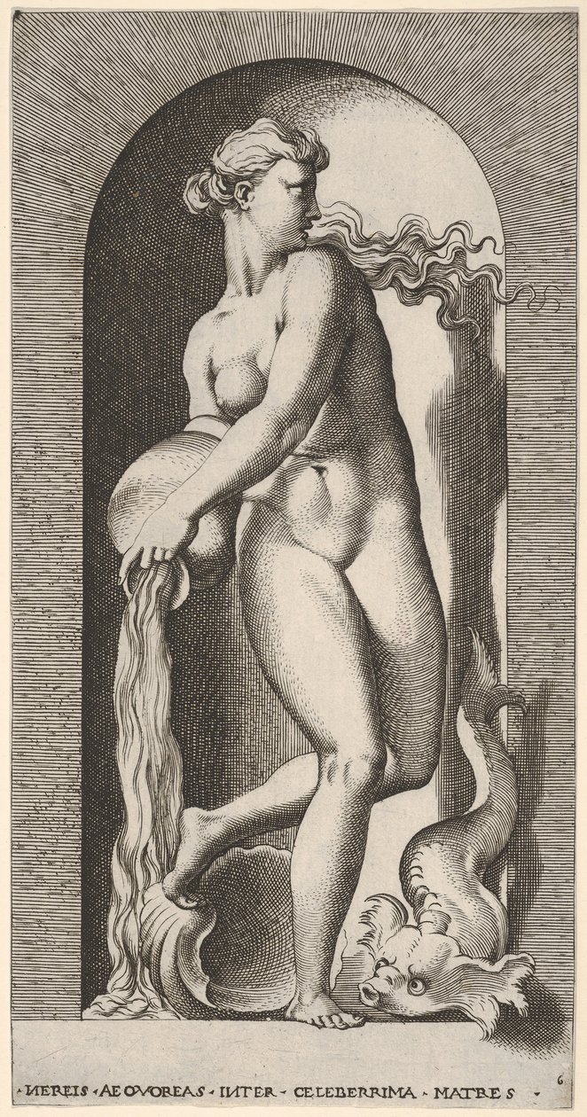 Ilustracja 6: Thetis stojąca w niszy z muszlą i morskim stworzeniem, wylewa wodę z ..., 1526. autorstwa Giovanni Jacopo Caraglio