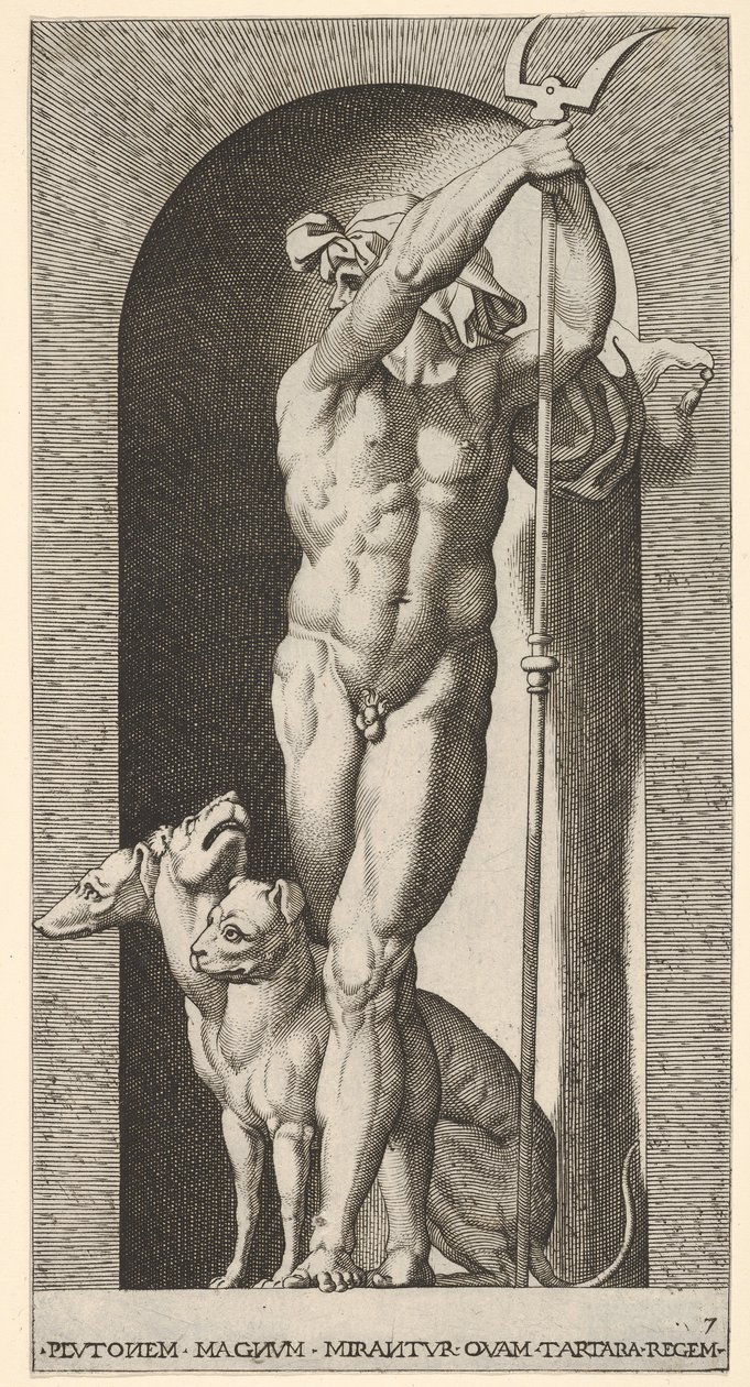 Ilustracja 7: Pluton w niszy, trzymający bident, a obok niego Cerber, z serii m..., 1526. autorstwa Giovanni Jacopo Caraglio