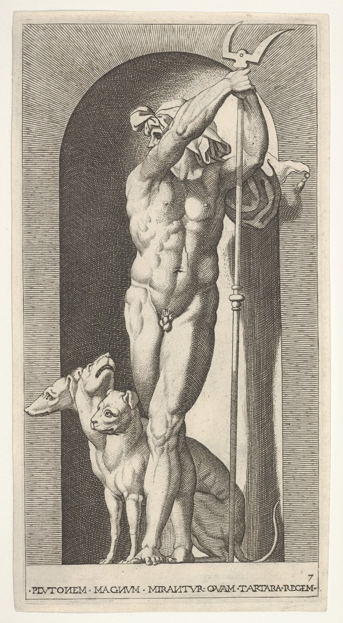 Ilustracja 7: Pluton w niszy, trzymający bident, a obok niego Cerber, z serii m..., 1526. autorstwa Giovanni Jacopo Caraglio