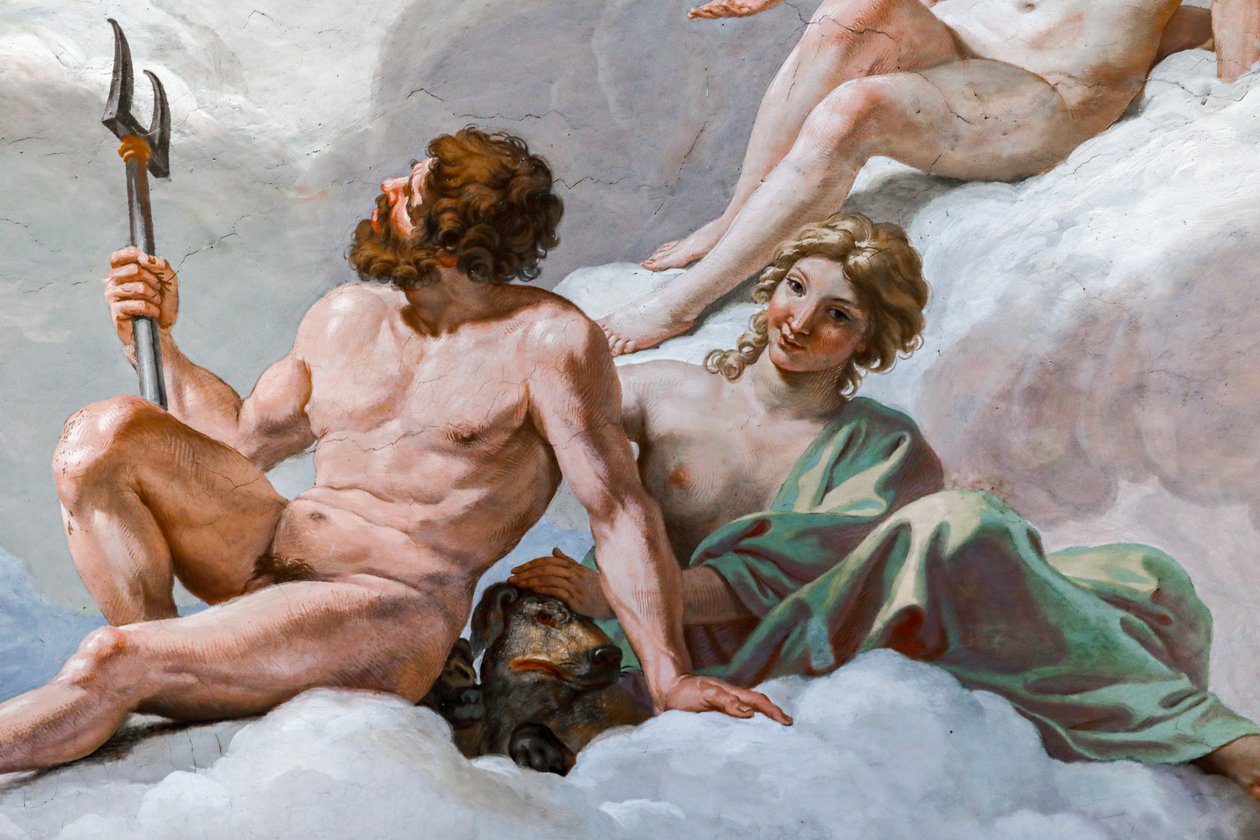 Pluton, bóg Zaświatów, i jego żona Prosperyna. Fragment „Rady Bogów” 1624-1625. fresk autorstwa Giovanni Lanfranco