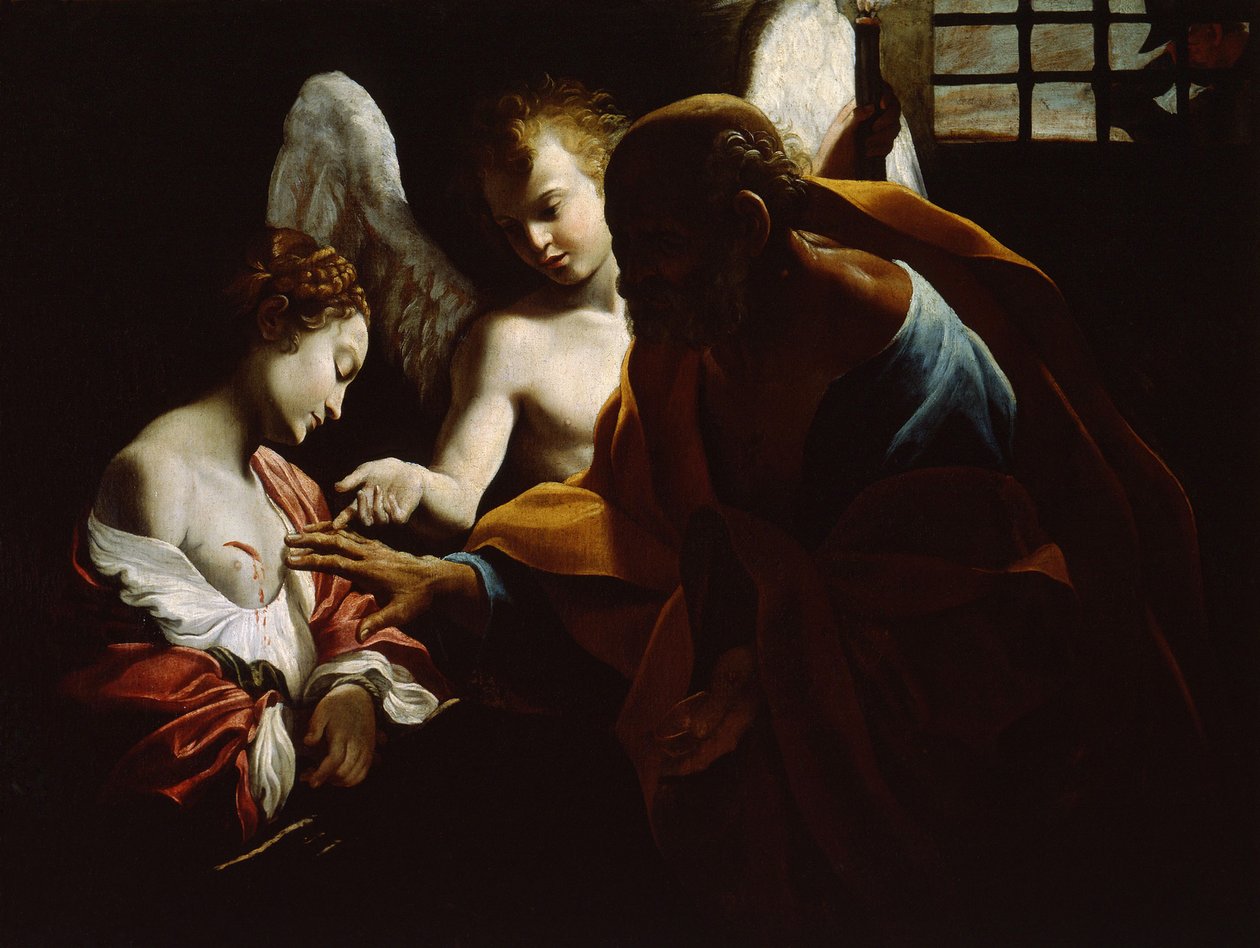 Św. Agata w asyście św. Piotra i anioła w więzieniu, ok. 1614 autorstwa Giovanni Lanfranco