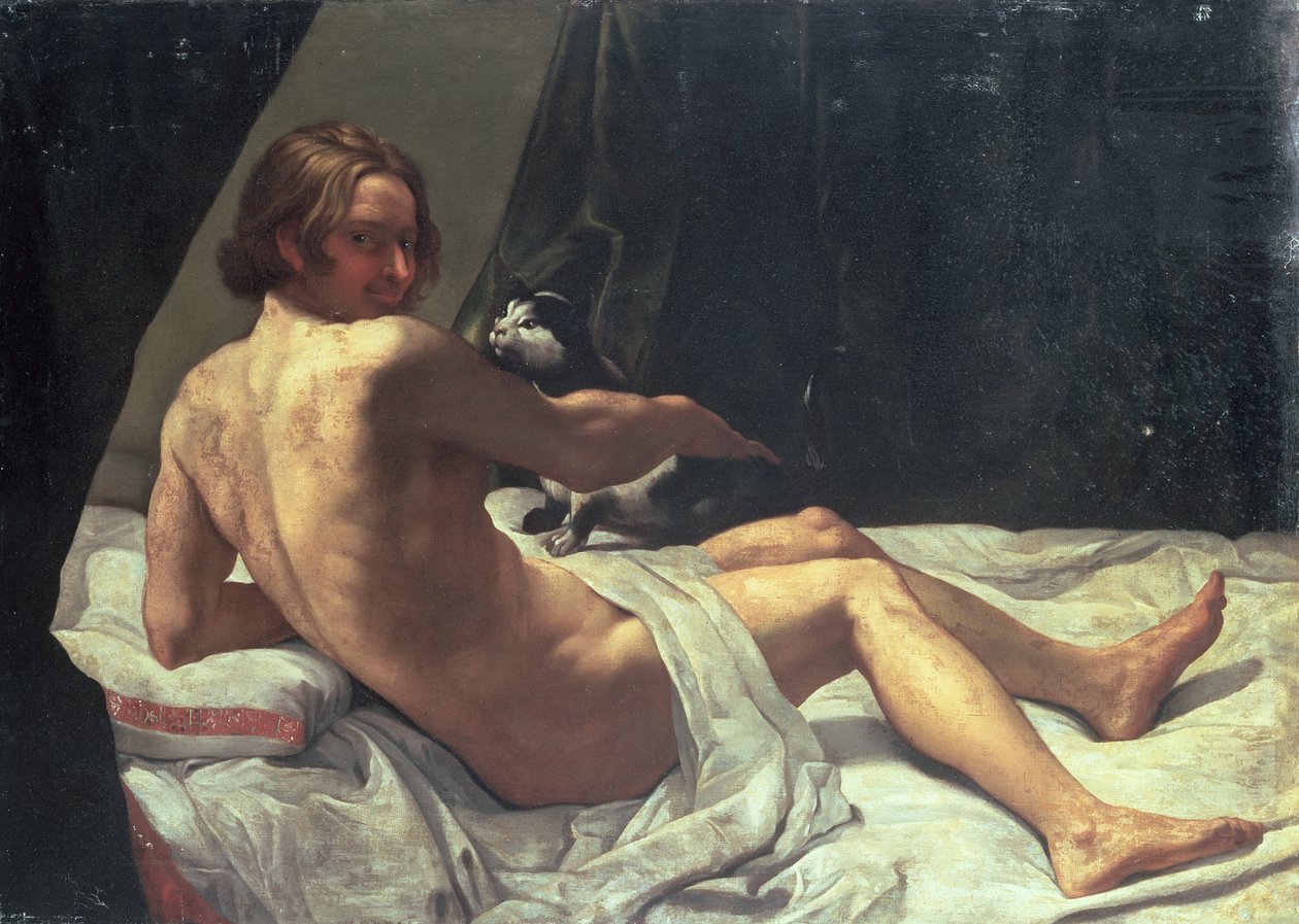 Młody mężczyzna leżący na łóżku z kotem, 1620 autorstwa Giovanni Lanfranco