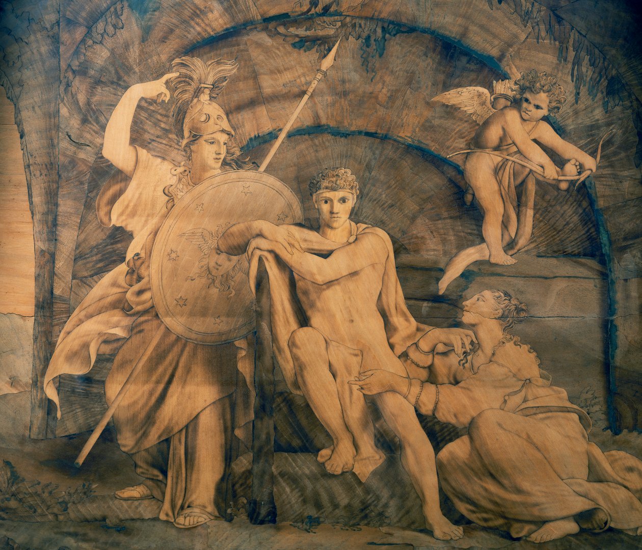 Herkules na skrzyżowaniu próżności i sławy, inkrustowana stolarka Giovanniego Maffezzoli (1779-1818) według projektu malarza Giuseppe Diottiego, Włochy autorstwa Giovanni Maffezzoli
