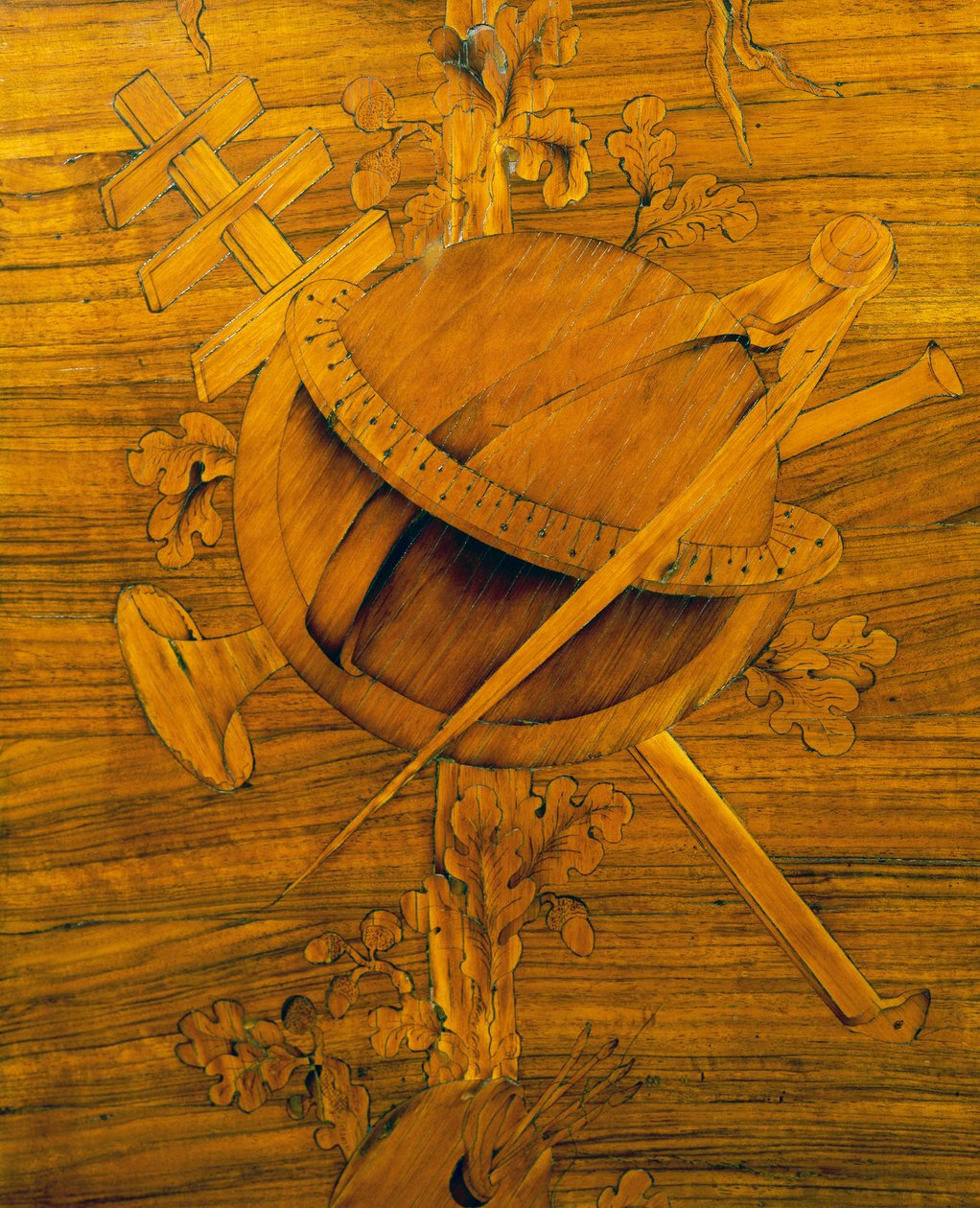 Przyrządy pomiarowe, środkowa część intarsji na szafce narożnej z pojedynczymi dużymi drzwiami, autorstwa Giovanniego Maffezzoli (1779-1818), ucznia Giuseppe Maggioliniego, sygn. i dat. 1798, Włochy autorstwa Giovanni Maffezzoli