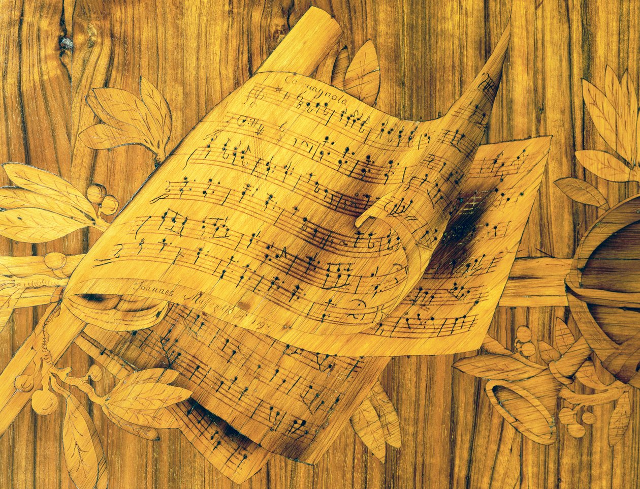 Partytura muzyczna, środkowa część intarsji na szafce narożnej z pojedynczymi dużymi drzwiami, autorstwa Giovanniego Maffezzoli (1779-1818), ucznia Giuseppe Maggioliniego, sygnowana i datowana 1798, Włochy autorstwa Giovanni Maffezzoli
