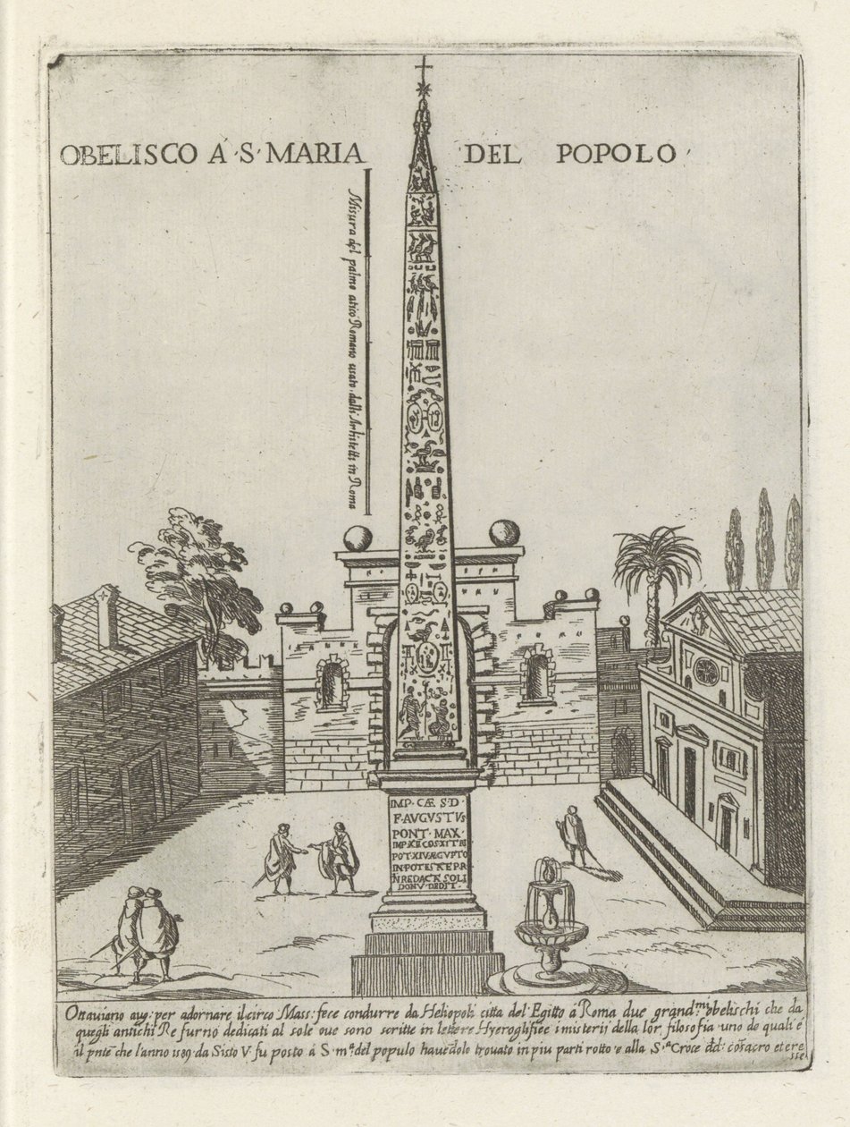 Egipski obelisk Ramzesa II na Piazza del Popolo w Rzymie Obelisco a S. Maria del Popolo (tytuł na obiekcie) Nowoczesne i starożytne zabytki i budynki w Rzymie (tytuł serii) Ornamenti di fabriche antichi et moderni dell