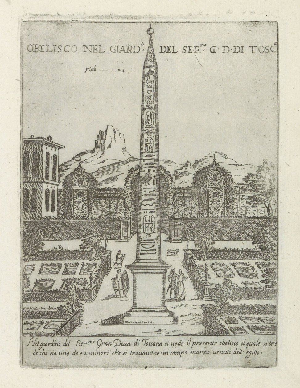 Egipski obelisk w ogrodzie Willi Medici w Rzymie Obelisco nel giard.o del ser.mo G. D. Di Tosc.a (tytuł obiektu) Nowoczesne i starożytne zabytki i budynki w Rzymie (tytuł serii) Ornamenti di fabriche antichi et moderni dell