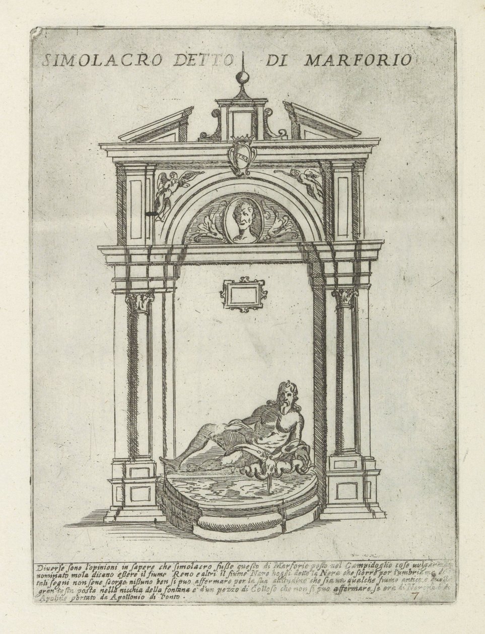 Fontanna z posągiem Marforio Simolacro detto di Marforio (tytuł na obiekcie) Nowoczesne i starożytne zabytki i budynki w Rzymie (tytuł serii) Ornamenti di fabriche antichi et moderni dell