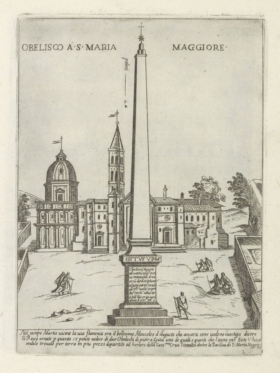 Obelisk voor de Santa Maria Maggiore Obelisk w S. Maria Maggiore (tytuł na obiekcie) Moderne en antieke monumenten en bouwwerken w Rzymie (tytuł serii) Ozdoby starożytnych i współczesnych budowli miasta Alma w Rzymie (tytuł serii) autorstwa Giovanni Maggi