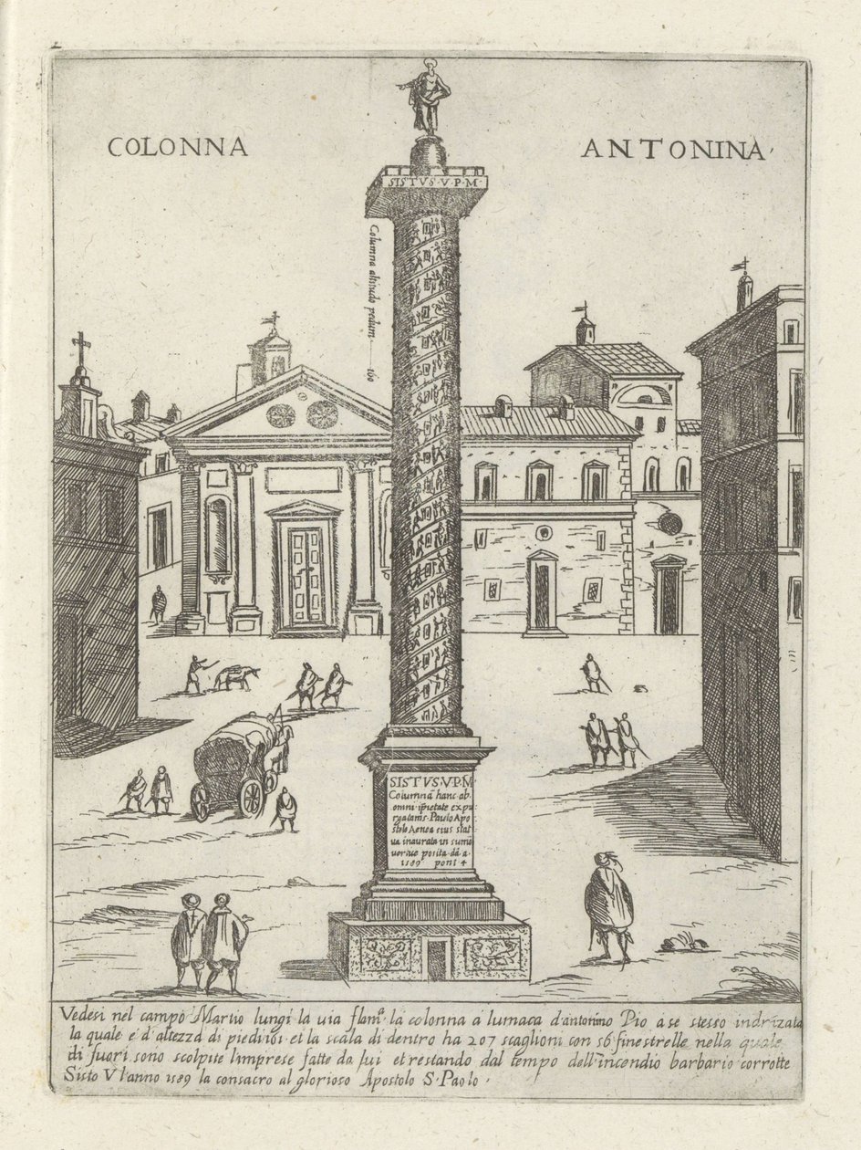 Kolumna Marka Aureliusza w Rzymie Colonna a S. Antonio (tytuł na obiekcie) Nowoczesne i starożytne zabytki i budynki w Rzymie (tytuł serii) Ornamenti di fabriche antichi et moderni dell