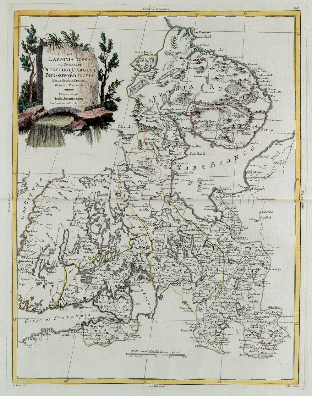Rosyjska Laponia z rządami Olonecholi, Carelia, Bielozero i Ingria w europejskiej Rosji, z Tome III „Nowego Atlasu”, rytowanego przez G. Zulianiego autorstwa Giovanni Marco Pitteri