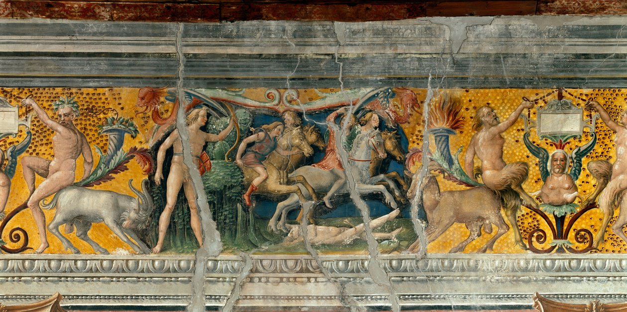 Apollo zabija strzałami Niobides, syn Niobe Fragment fryzu przypisywanego Giovanniemu Marii Falconetto (1468-1534) 1520 wokół Mantui, Palazzo d