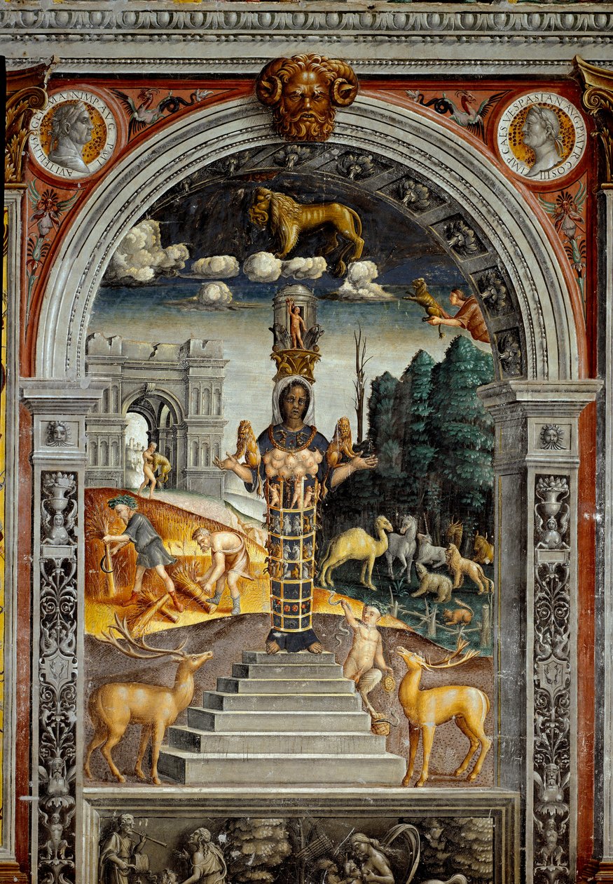 Znak Zodiaku: „Lew”” Na wierzchu medaliony z portretami cesarzy Witeliusza i Wespazjana. Poniżej legenda związana z narodzinami konstelacji odpowiadającej znakowi: bóstwo Artemida z Efezy. Fresk przypisywany Giovanniemu Mar autorstwa Giovanni Maria Falconetto